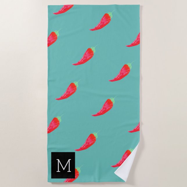 Watercolor Red Peppers Initial Beach Towel (Front)