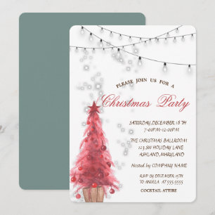 Watercolor Red PineTree,Lights,Christmas Party Invitation