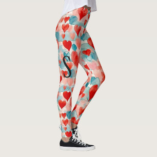 Watercolor, red, pink, blue hearts, monogram leggings