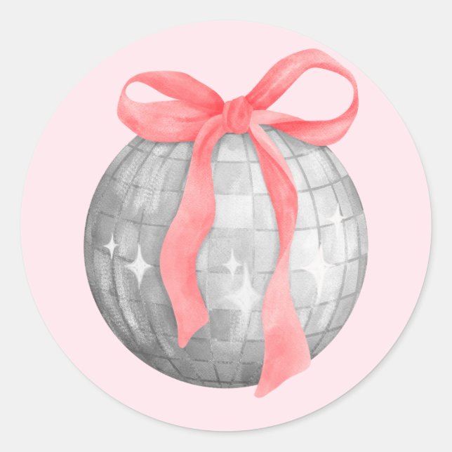 Watercolor Red Pink Bow Silver Disco Ball Classic Round Sticker (Front)