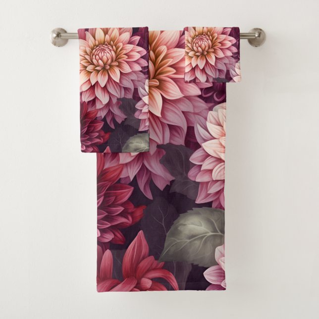 Watercolor Red Pink Dahlia Pattern Design Bath Towel Set (Insitu)