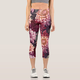 Watercolor Red Pink Dahlia Pattern Design Capri Leggings