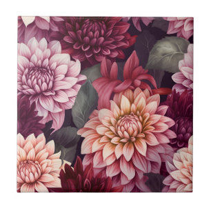 Watercolor Red Pink Dahlia Pattern Design Ceramic Tile