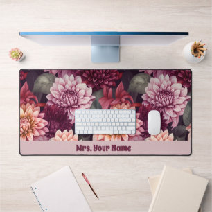 Watercolor Red Pink Dahlia Pattern Design Desk Mat