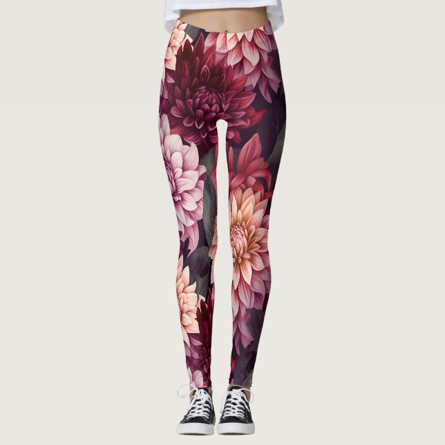 Watercolor Red Pink Dahlia Pattern Design Leggings (Front)