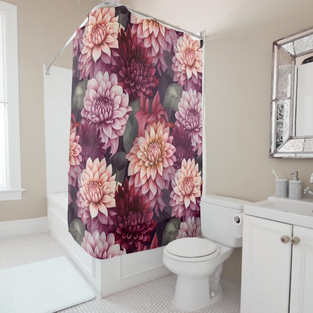 Watercolor Red Pink Dahlia Pattern Design Shower Curtain (In Situ)