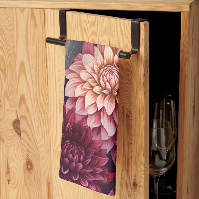 Watercolor Red Pink Dahlia Pattern Design Tea Towel (Thirds Fold)