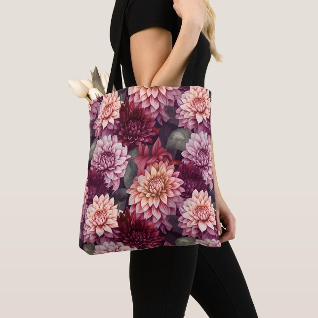 Watercolor Red Pink Dahlia Pattern Design Tote Bag (Close Up)