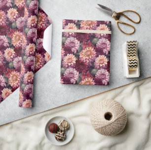 Watercolor Red Pink Dahlia Pattern Design Wrapping Paper