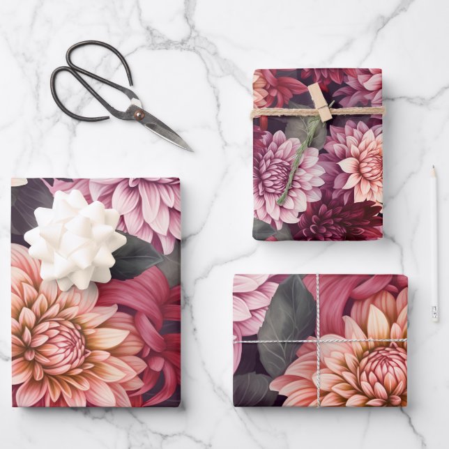 Watercolor Red Pink Dahlia Pattern Design Wrapping Paper Sheet (Front)