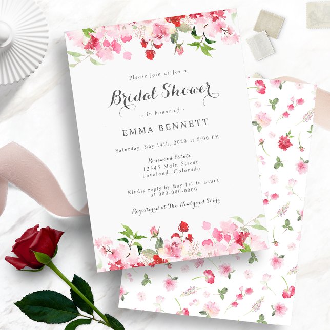Watercolor Red Pink Floral Bridal Shower Invitation (Watercolor Red and Pink Floral Bridal Shower Invitations)