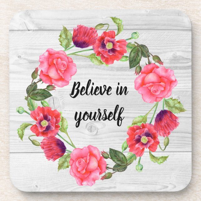 Watercolor Red & Pink Flowers Circle Wreath Design Coaster (Front)