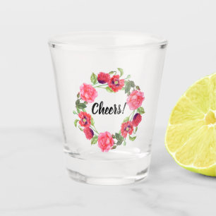 Watercolor Red & Pink Flowers Circle Wreath Design Shot Glass