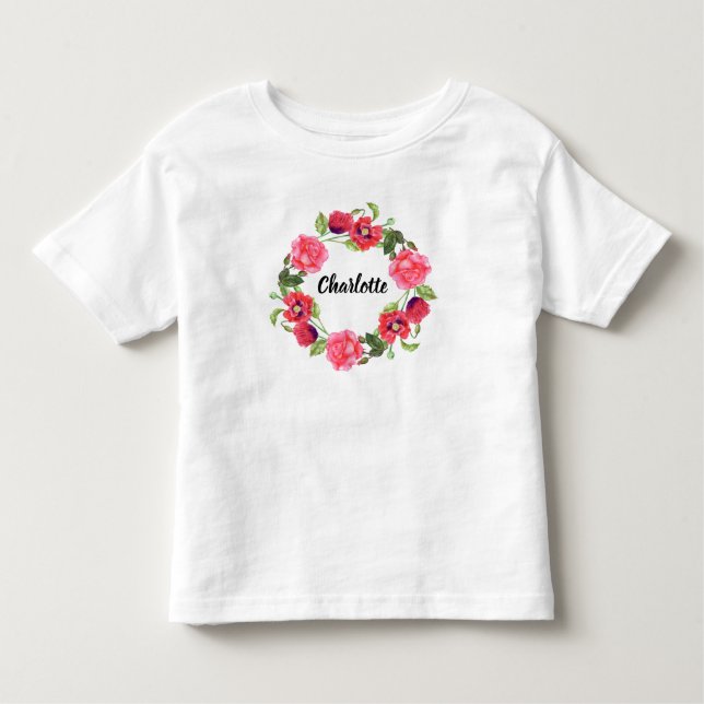 Watercolor Red & Pink Flowers Circle Wreath Design Toddler T-Shirt (Front)