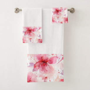 Watercolor Red Pink Flowers Spring Floral Pattern Bath Towel Set