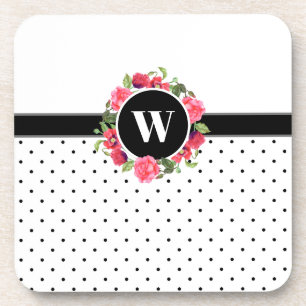 Watercolor Red & Pink Flowers Wreath Polka Dots Coaster