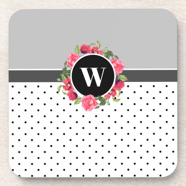 Watercolor Red & Pink Flowers Wreath Polka Dots Coaster (Front)