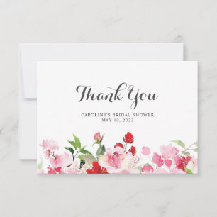 Watercolor Red Pink Roses Bridal Shower Thank You Card