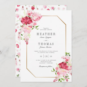 Watercolor Red Pink Roses Gold Frame Wedding Invitation