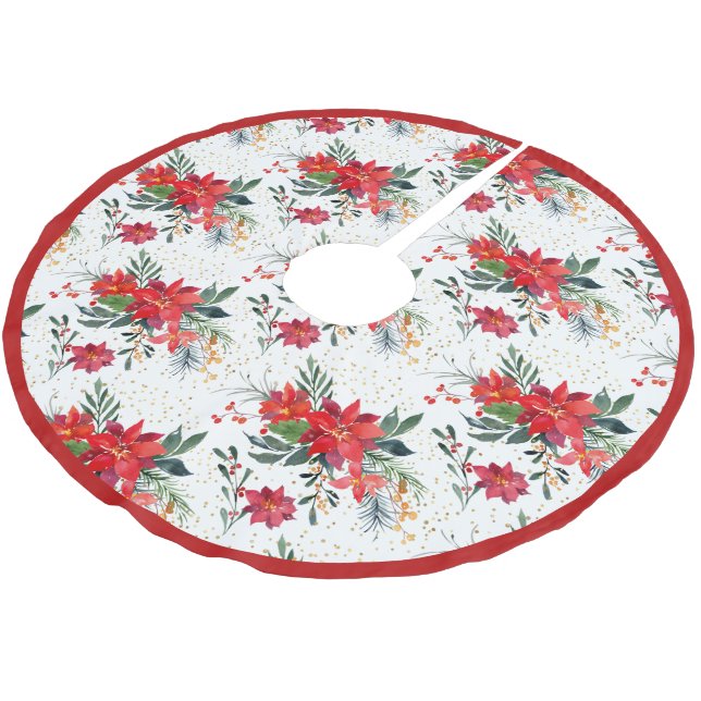 Watercolor Red Poinsettia Bouquet Christmas Brushed Polyester Tree Skirt (Angled)