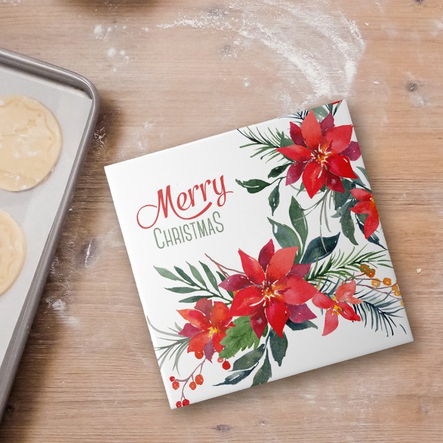 Watercolor Red Poinsettia Bouquet Christmas  Ceramic Tile (Creator Uploaded)