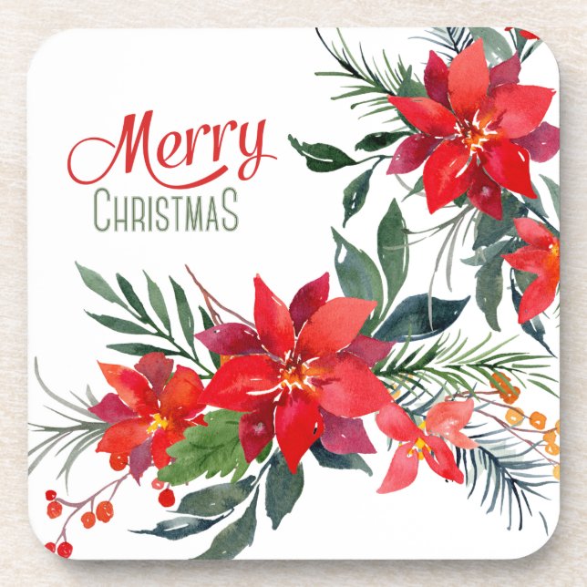 Watercolor Red Poinsettia Bouquet Christmas Coaster (Front)