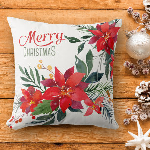 Watercolor Red Poinsettia Bouquet Christmas Cushion