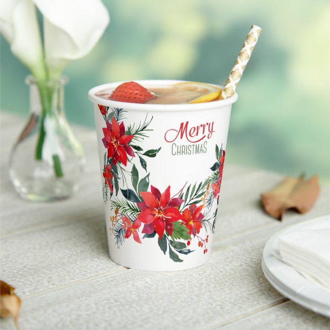 Watercolor Red Poinsettia Bouquet Christmas  Paper Cups (Insitu)