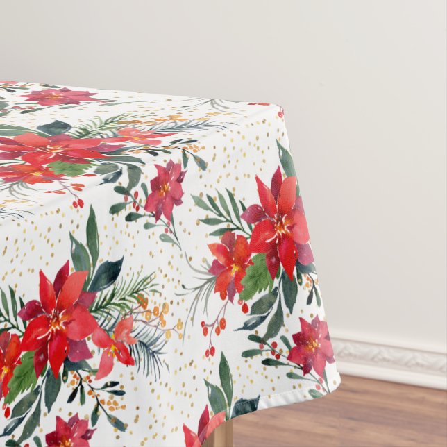 Watercolor Red Poinsettia Bouquet Christmas Tablecloth (In Situ)