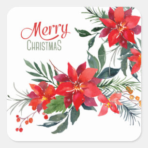 Watercolor Red Poinsettia Bouquet Holiday  Square Sticker