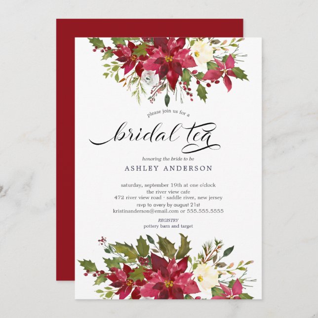 Watercolor Red Poinsettia Bridal Shower Bridal Tea Invitation (Front/Back)
