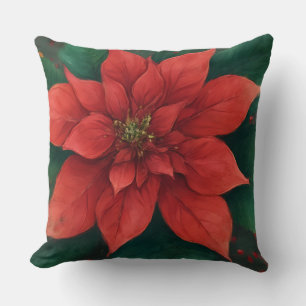 Watercolor Red Poinsettia Christmas Cushion