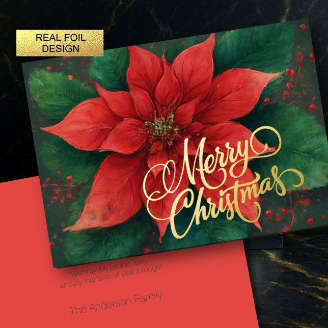 Watercolor Red Poinsettia Christmas Foil Holiday Card (Creator Uploaded)