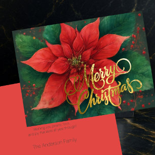 Watercolor Red Poinsettia Christmas Holiday Card