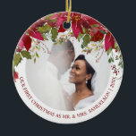 Watercolor Red Poinsettia First Christmas Mr. Mrs Ceramic Ornament<br><div class="desc">Lovely festive ornament with hand painted watercolor poinsettia bouquet flowers and holly in green and deep red berry colours.  Easy to edit by adding your Photo / picture and text.  FIRST CHRISTMAS AS MR. & MRS.  Makes great holiday season keepsake!</div>