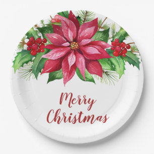 Watercolor Red Poinsettia Floral Christmas Paper Plate