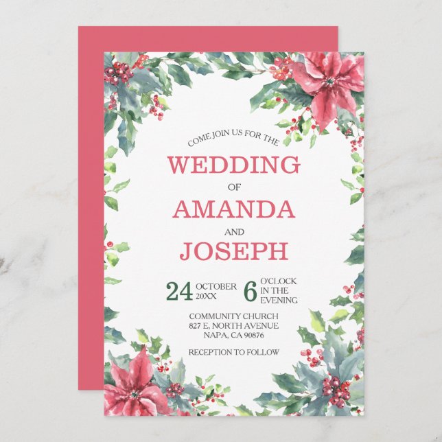Watercolor Red Poinsettia Floral Christmas Wedding Invitation (Front/Back)