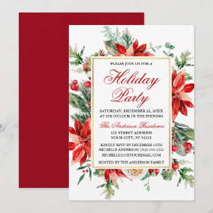 Watercolor Red Poinsettia Floral Holiday Party Invitation