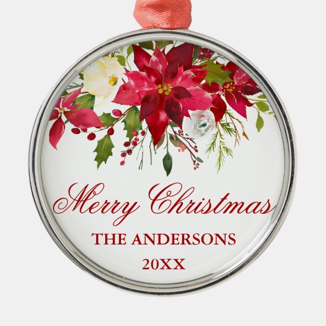 Watercolor Red Poinsettia Floral Personalised Metal Ornament (Front)