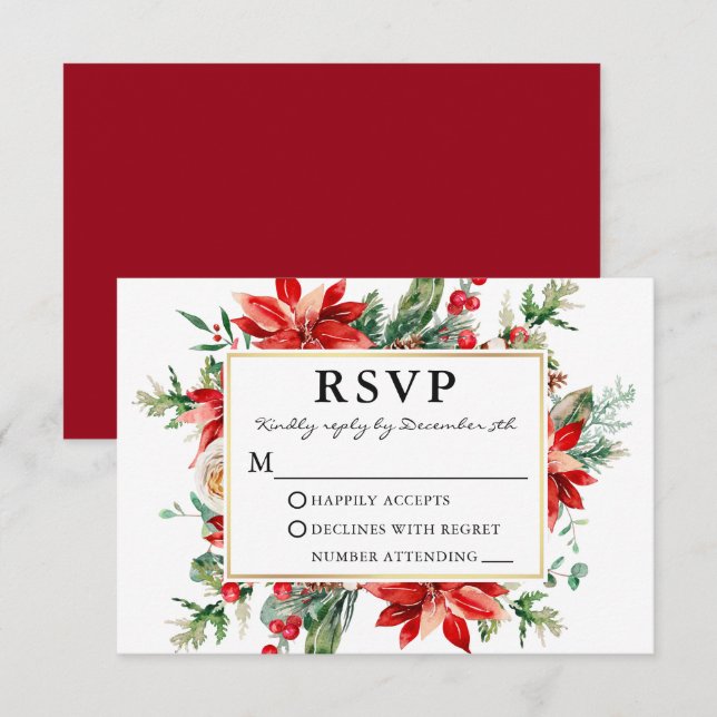 Watercolor Red Poinsettia Floral Wedding RSVP (Front/Back)