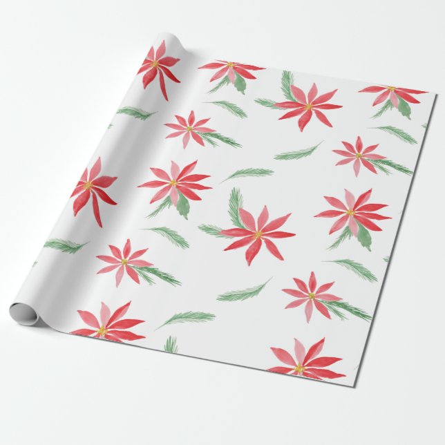 Watercolor red poinsettia flower repeating Pattern Wrapping Paper (Unrolled)