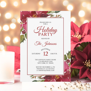 Watercolor Red Poinsettia Holiday Christmas Party Invitation