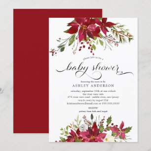 Watercolor Red Poinsettia Holly Baby Shower Invitation
