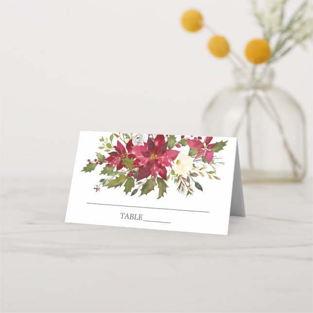 Watercolor Red Poinsettia Holly Bridal Shower Place Card (Front)