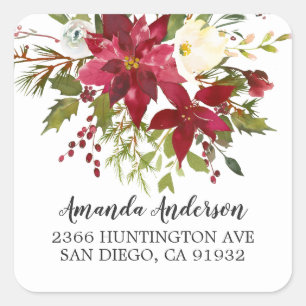 Watercolor Red Poinsettia Holly Return Address Square Sticker