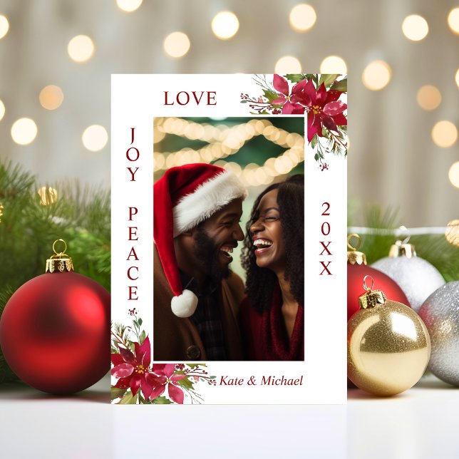 Watercolor Red Poinsettia JOY PEACE LOVE | PHOTO Holiday Card (Watercolor Red Poinsettia JOY PEACE LOVE  PHOTO Holiday Card)