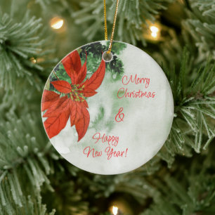 Watercolor Red Poinsettia Merry Christmas  Ceramic Ornament