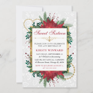 Watercolor Red Poinsettia Winter Sweet Sixteen Invitation