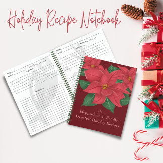 Watercolor Red Poinsettias Family Holiday Recipes Notebook