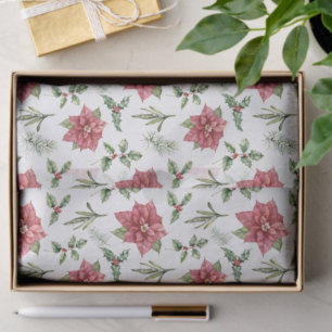 Watercolor Red Poinsettias Holly Fir Christmas Tissue Paper